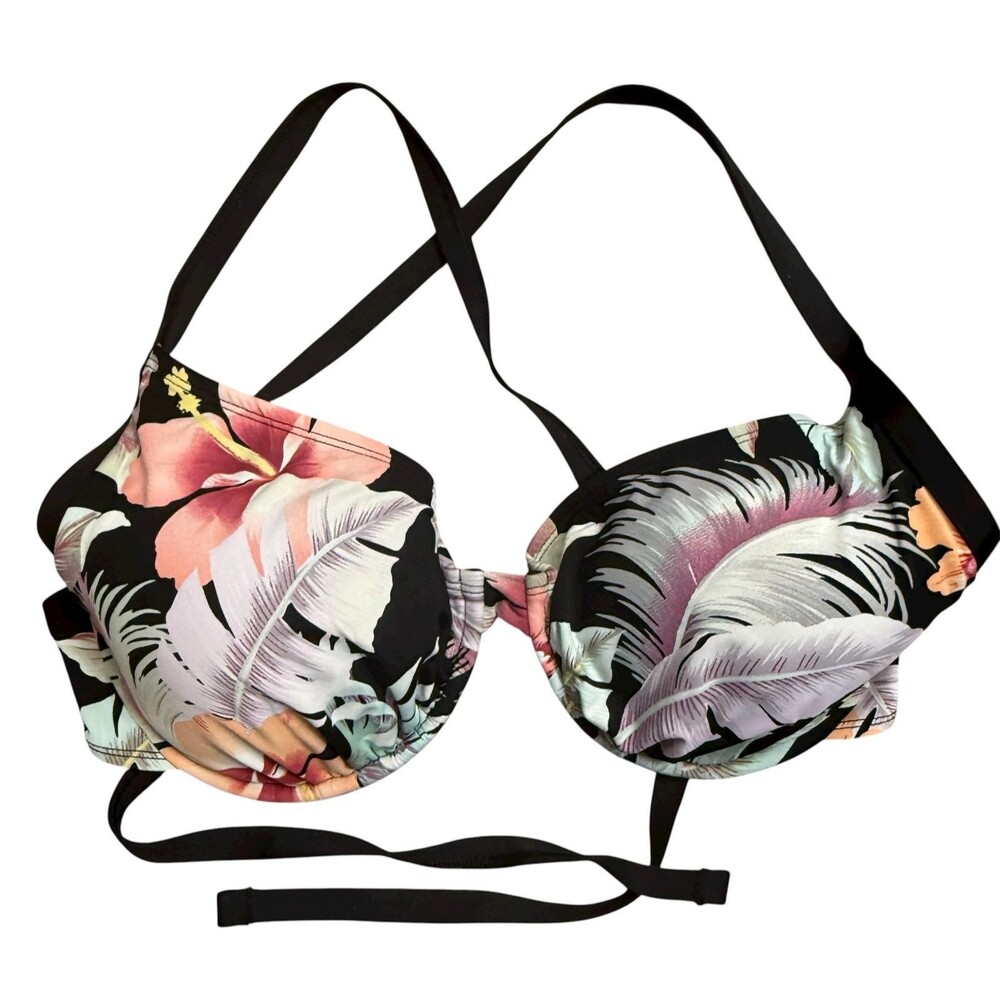 Body Glove Smoothies Solo Tropical Floral Bikini Top E Cup Black Plunge Pushup